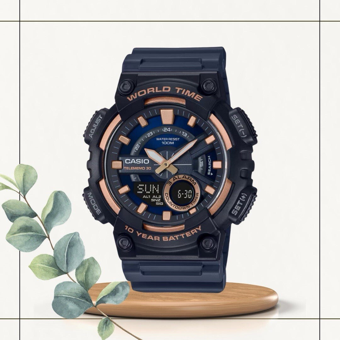 Casio AEQ110W-2A3 Men's World Time Telememo Analog Digital Alarm Watch Navy Blue