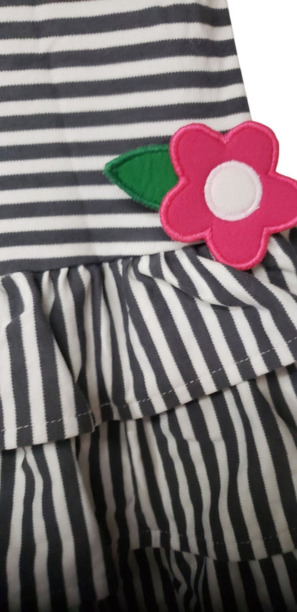 Florence Eiseman Girls Flowers Dark Grey&White Stripped Long Sleeve Dress  Sze6