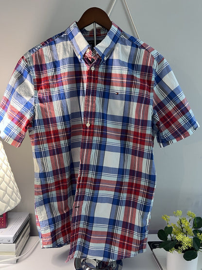 Tommy Hilfiger Men’s Blue Plaid Short Sleeve Button-Down Shirt M