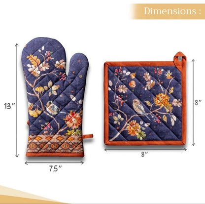 Oven Mitt & Pot Holder Set Maison d'Hermine 100% Cotton 7.5"x13" & 8"x8"