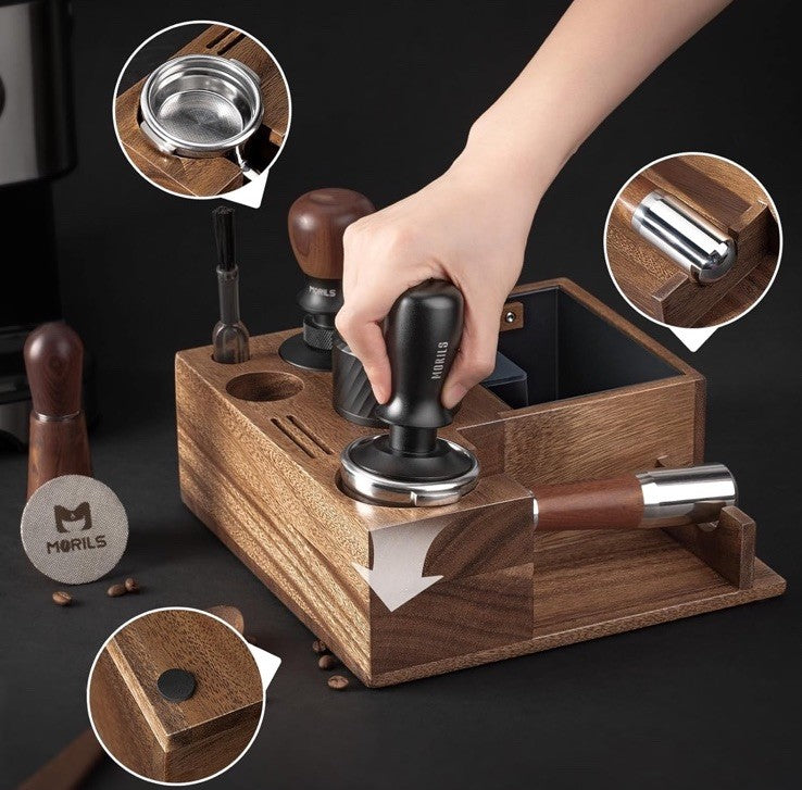 Morils Premium Walnut Espresso Knock Box 8 in 1 Espresso Organizer Box