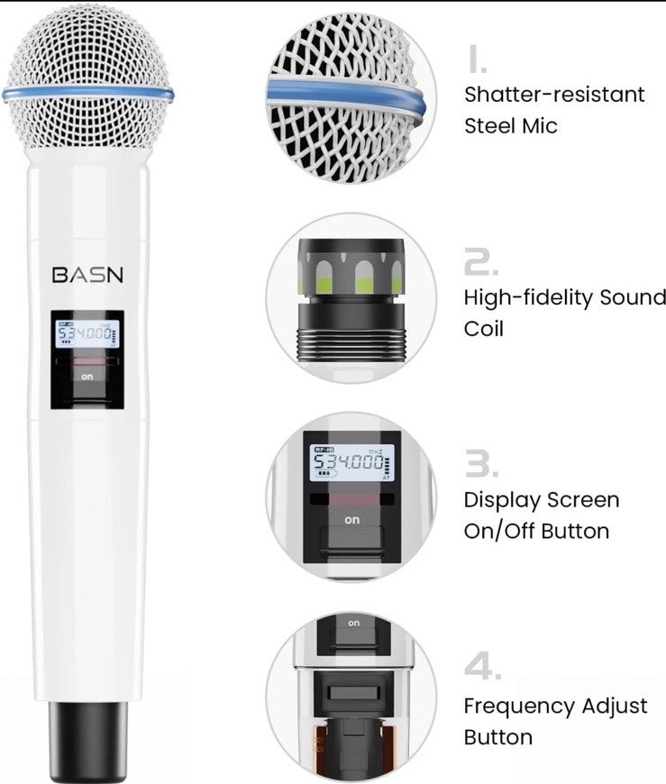 BASN UHF Dual Channel Wireless Microphone System, Handheld Mics for Stage