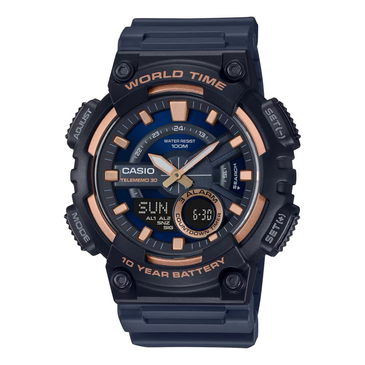 Casio AEQ110W-2A3 Men's World Time Telememo Analog Digital Alarm Watch Navy Blue