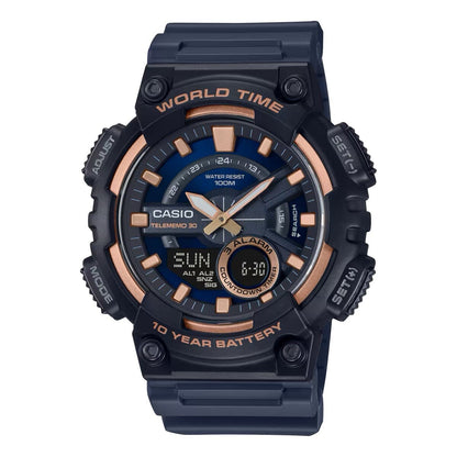 Casio AEQ110W-2A3 Men's World Time Telememo Analog Digital Alarm Watch Navy Blue