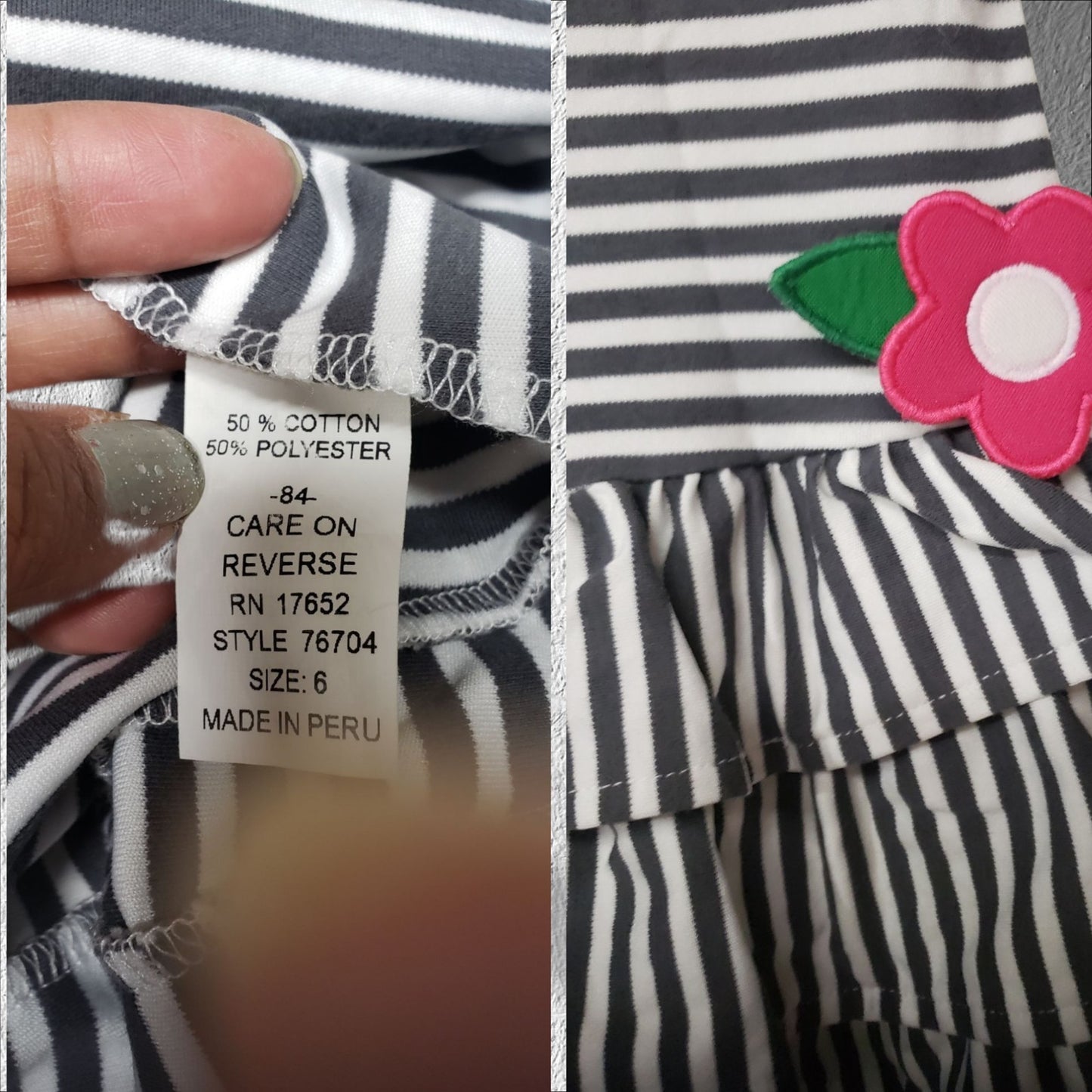 Florence Eiseman Girls Flowers Dark Grey&White Stripped Long Sleeve Dress  Sze6