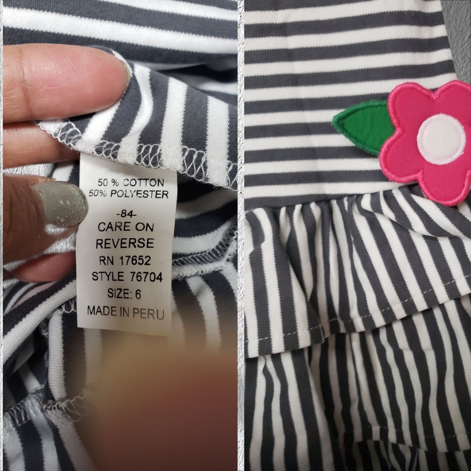 Florence Eiseman Girls Flowers Dark Grey&White Stripped Long Sleeve Dress  Sze6