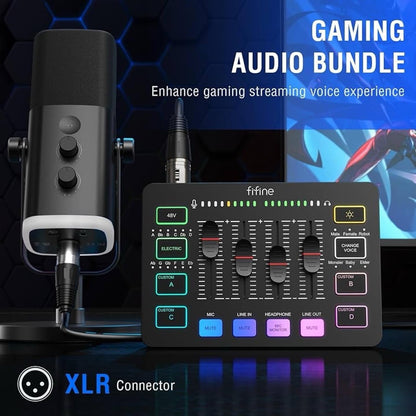 FIFINE Gaming Equipment Bundle, Dynamic XLR/USB Gaming Microphone Set With Mixer