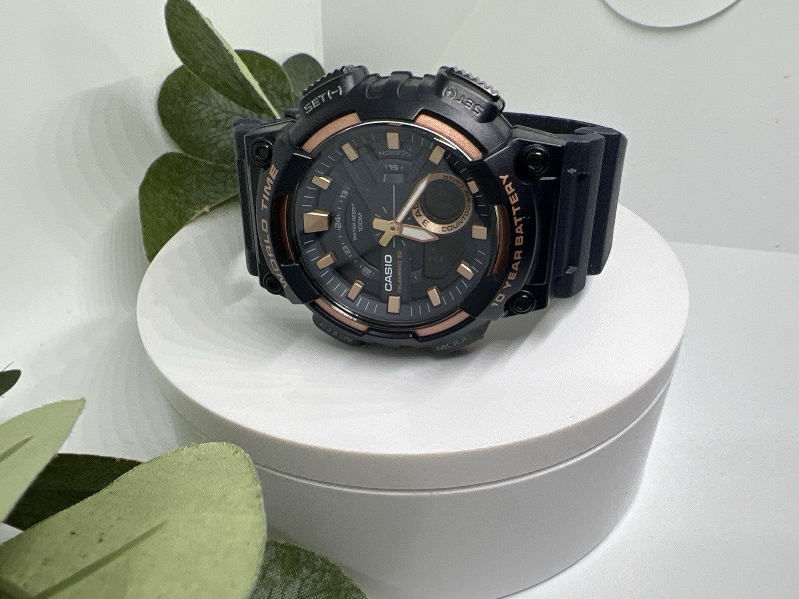 Casio AEQ110W-2A3 Men's World Time Telememo Analog Digital Alarm Watch Navy Blue