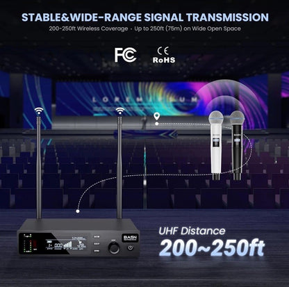 BASN UHF Dual Channel Wireless Microphone System, Handheld Mics for Stage