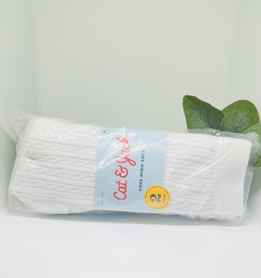 Cat & Jack Girls Casual Knee High Socks Size M(9-2.5) Cable Knit White 2pk