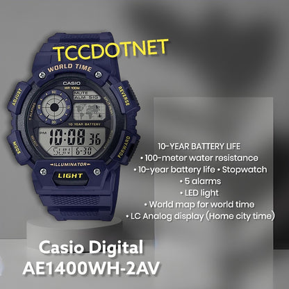Casio AE1400WH-2AV, Blue, 100M, 5 Alarms, World Time, Resin w/free Clear case