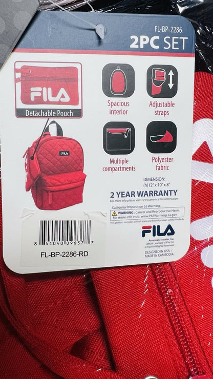 Fila Womens Backpack Red Quilt With Pouch Medium Eileen 2-pc Set Backpack NWT