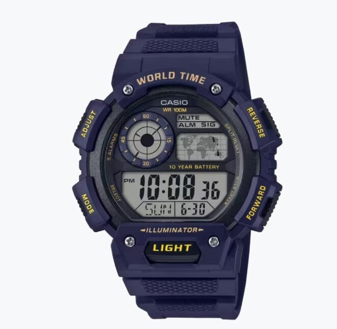 Casio AE1400WH-2AV, Blue, 100M, 5 Alarms, World Time, Resin w/free Clear case