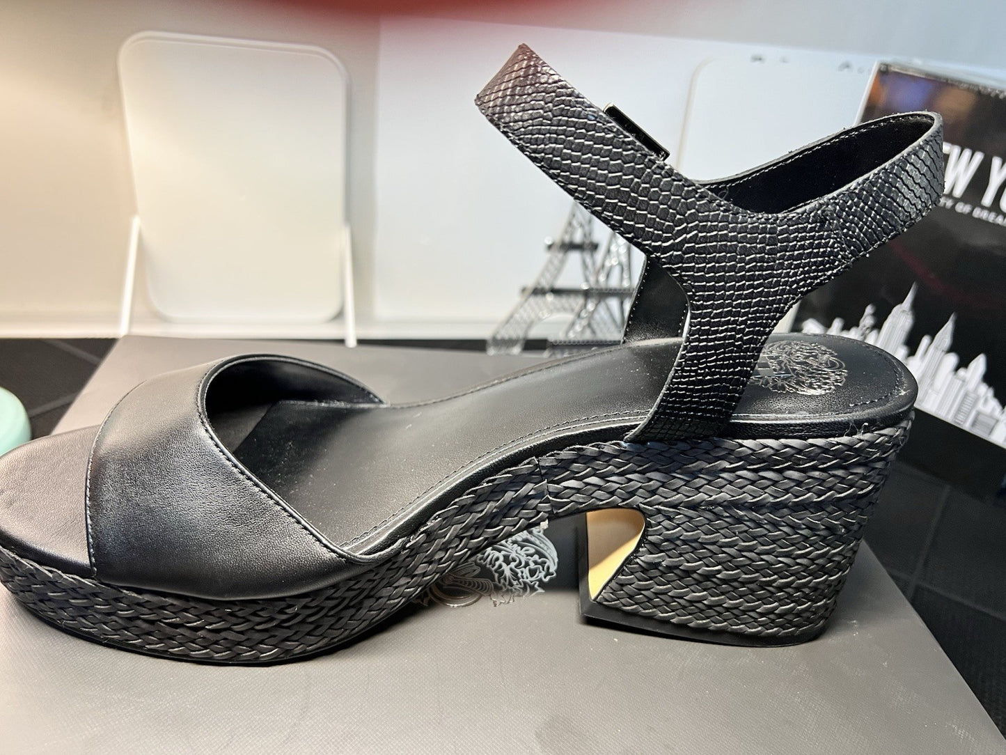 Vince Camuto Ranneli Black Two Tone Snake Leather Espadrille Sandals
