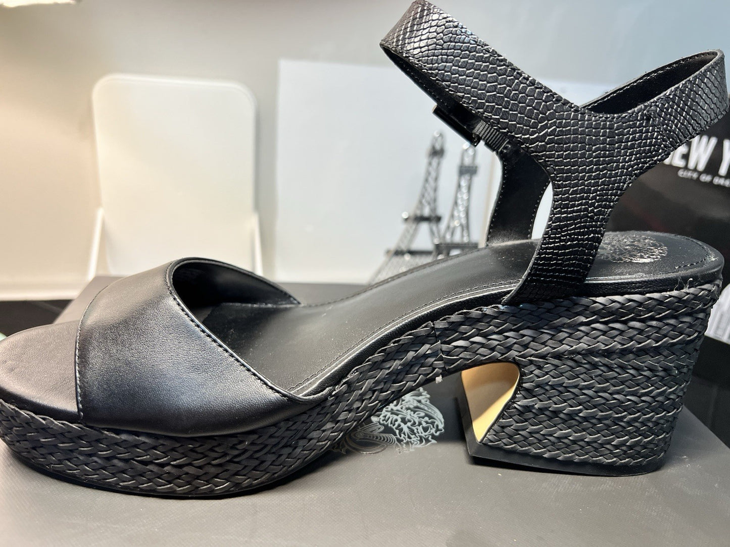 Vince Camuto Ranneli Black Two Tone Snake Leather Espadrille Sandals