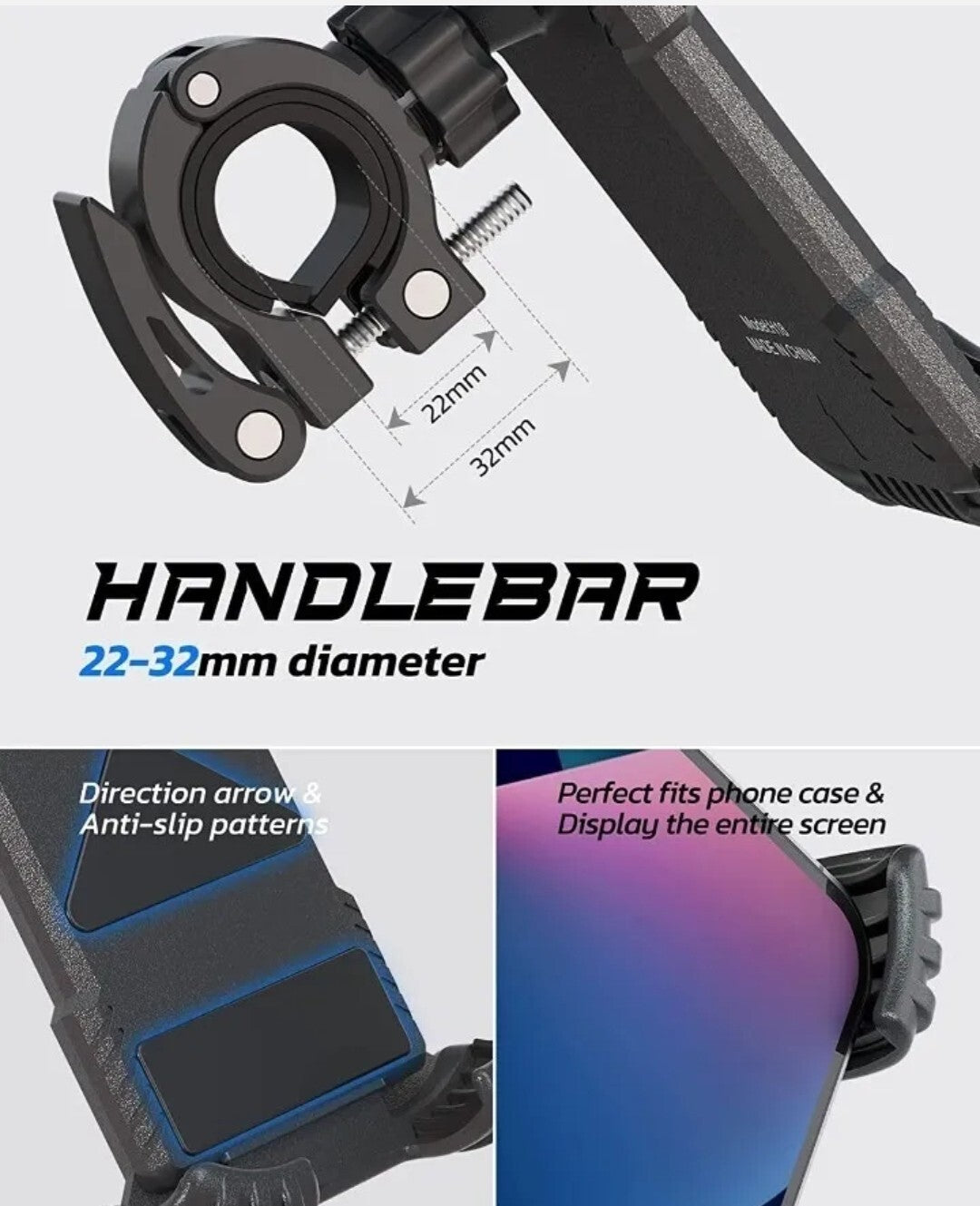 H18 Bike Phone Mount - Universal Phone Holder Bike/Motorcycle Fits 4.7 - 6..8"