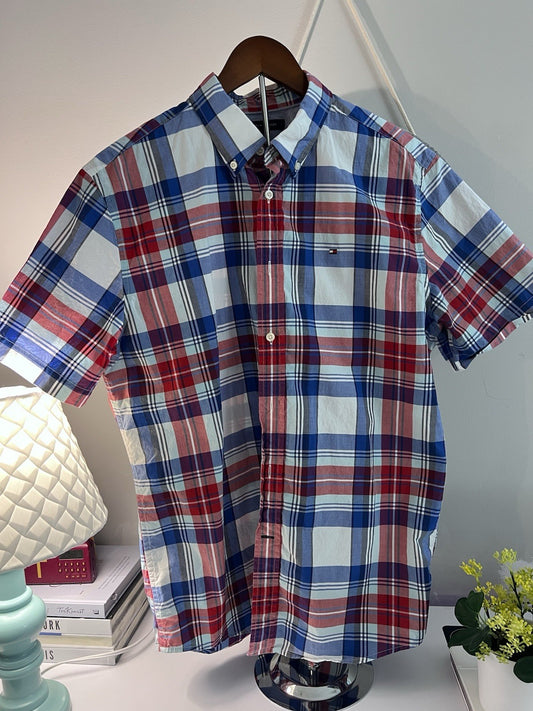 Tommy Hilfiger Men’s Blue Plaid Short Sleeve Button-Down Shirt M