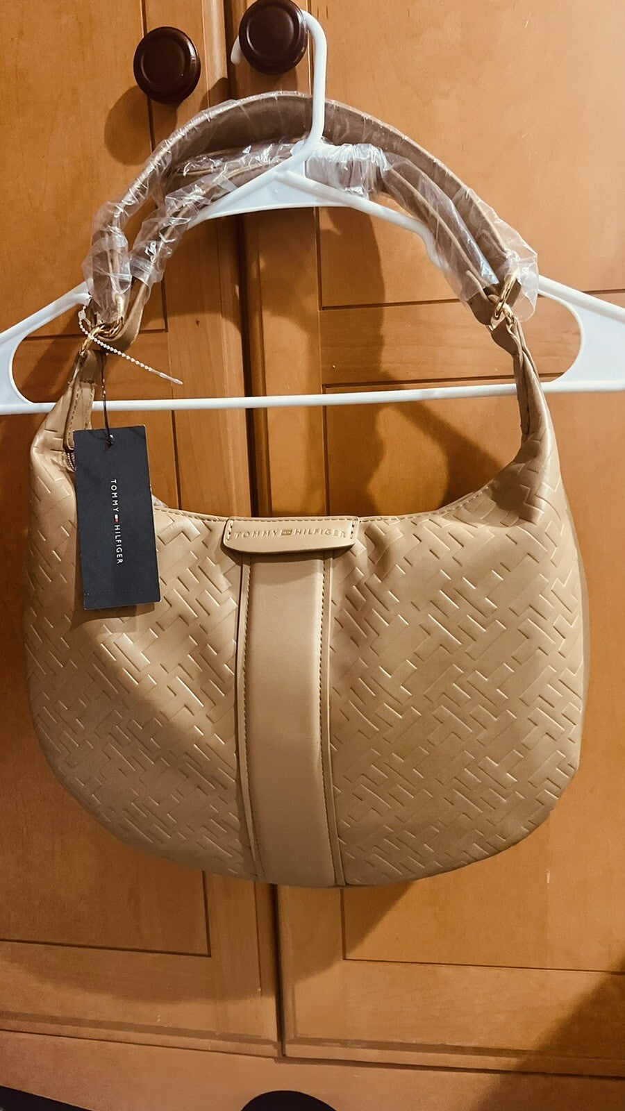 Tommy Hilfiger Cameron II-Convertible Satchel Hobo-TH Bias Embossed PVC