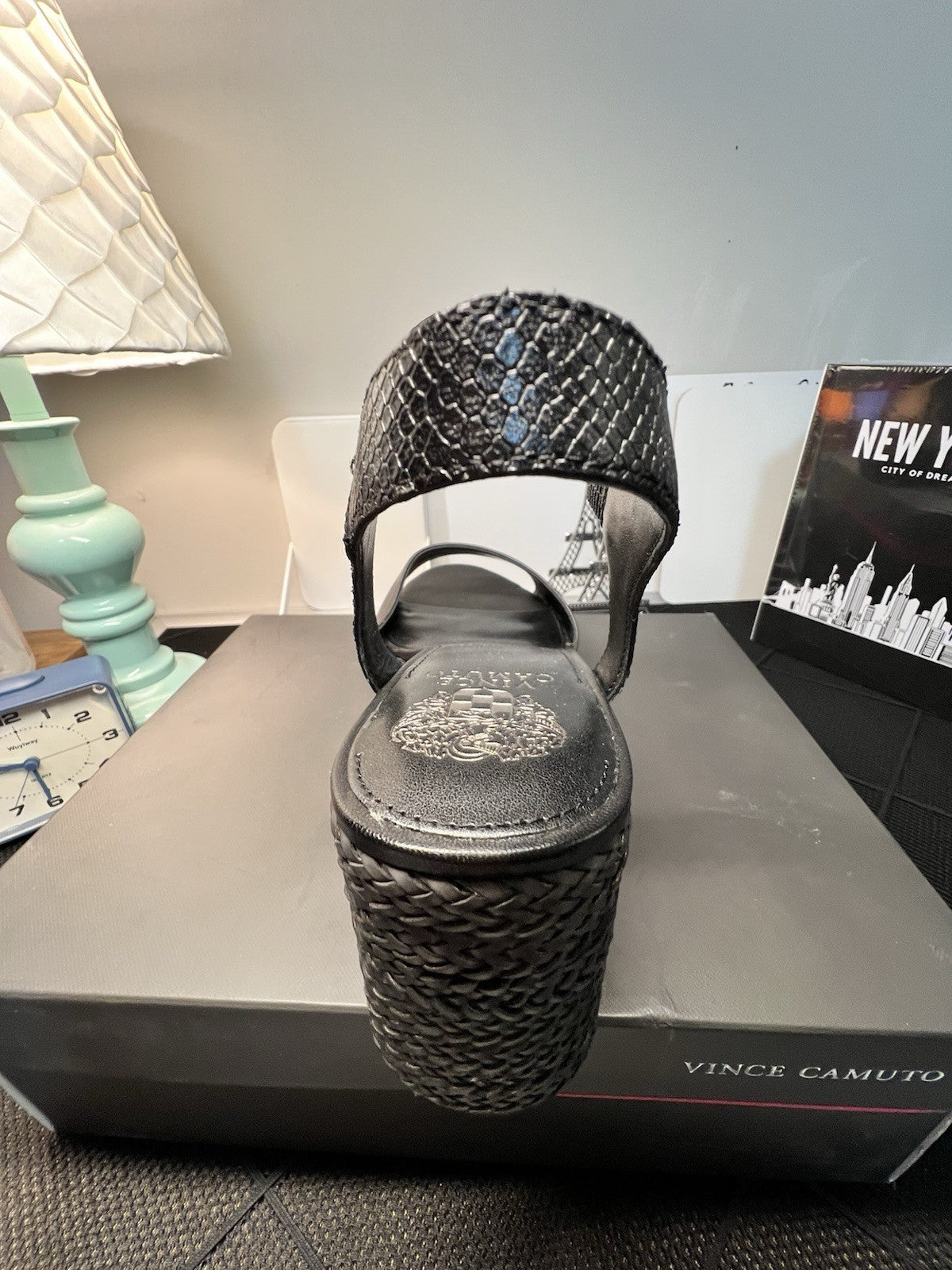 Vince Camuto Ranneli Black Two Tone Snake Leather Espadrille Sandals