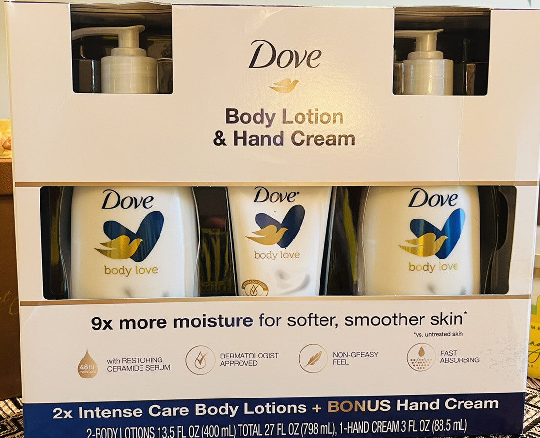 DOVE Body Lotion and Hand Cream 3 Pack Set 2x Body Lotion Bonus Hand Cream NEW