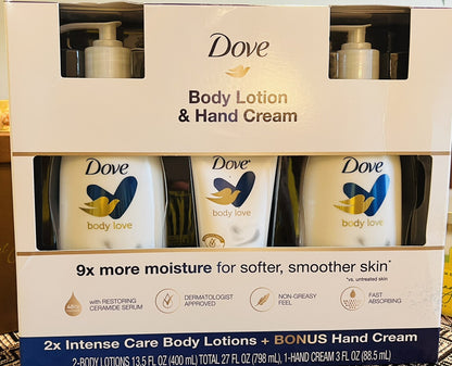 DOVE Body Lotion and Hand Cream 3 Pack Set 2x Body Lotion Bonus Hand Cream NEW