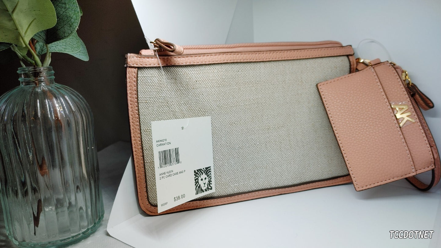Anne Klein 2-pc Wristlet /Card Case with Pouch in Carnation Pink NWT