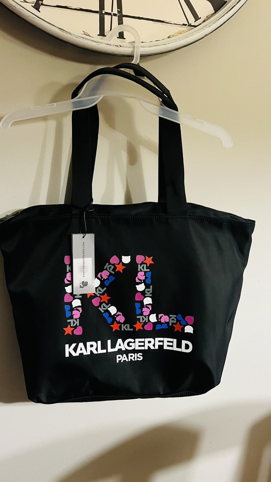 Karl Lagerfeld Icon & Logo Printed Tote Hand Bag Black  NWT $148.00