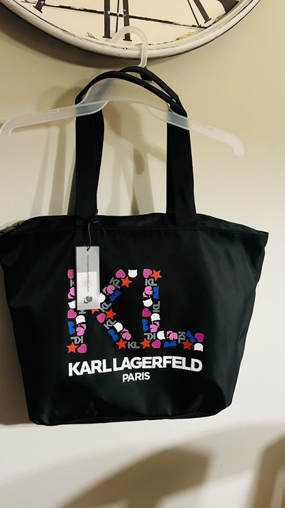 Karl Lagerfeld Icon & Logo Printed Tote Hand Bag Black  NWT $148.00