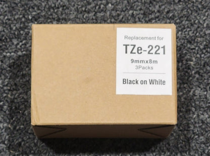 3PK TZ221 Tze-221 Label Tape Black on White Fit for Brother P-Touch 9mm