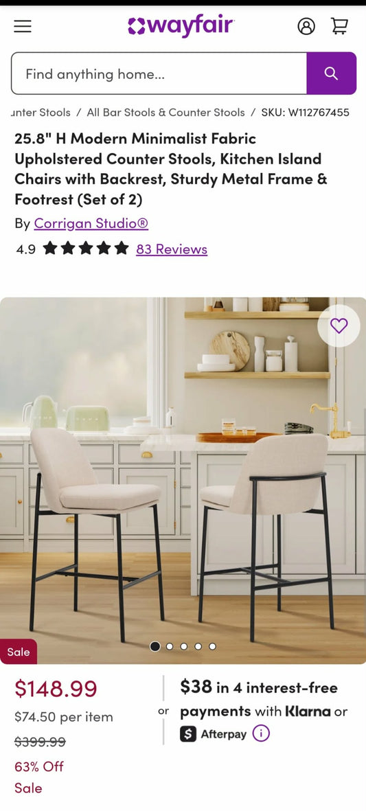25" Seat Height Upholstered Bar and Counterstool with metal frame and foot rest