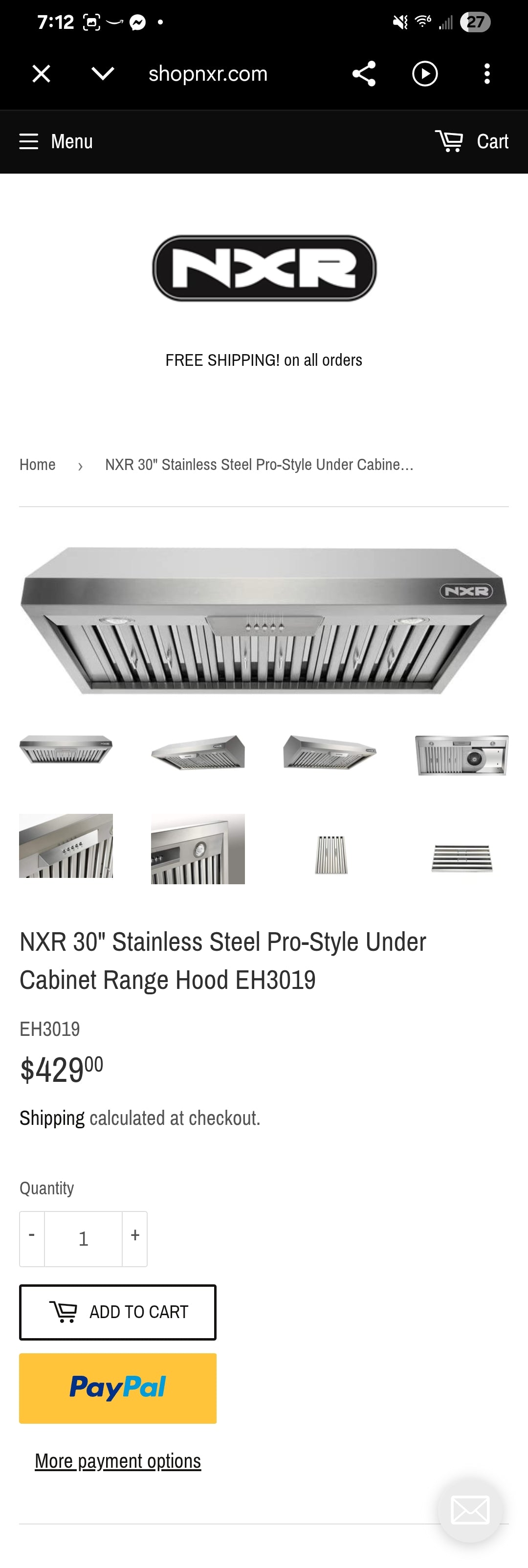 NXR EH Series 30-inch Under Cabinet Range Hood, model number EH3019.